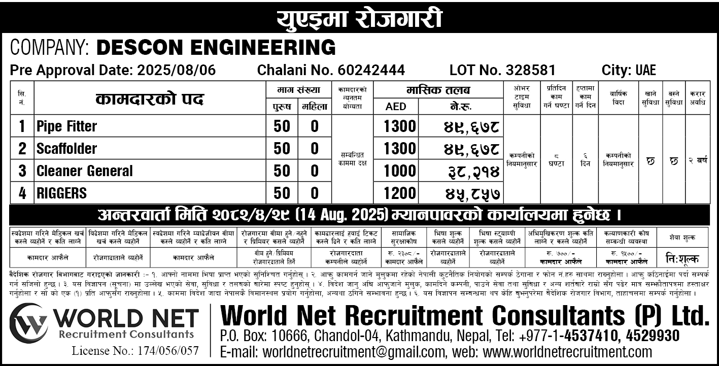 Vacancy in UAE – Immediate Interview on 2082/04/29 (14 Aug 2025) in Kathmandu